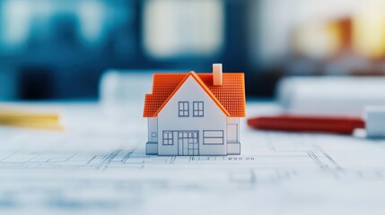 Aufkleber - House model positioned on top of detailed blueprints representing architectural design and planning for residential projects