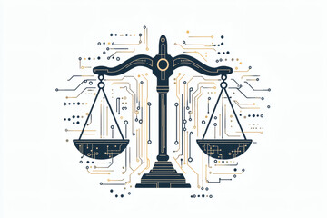 Scales of Justice with Digital Circuit Board Design on White Background Depicts Balanced Digital Legal System and Cyber Law
