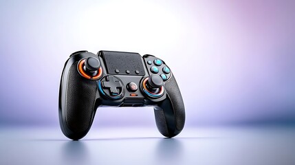 Sleek black gaming controller with vibrant accents and ergonomic design.  Features multiple buttons and a small integrated screen