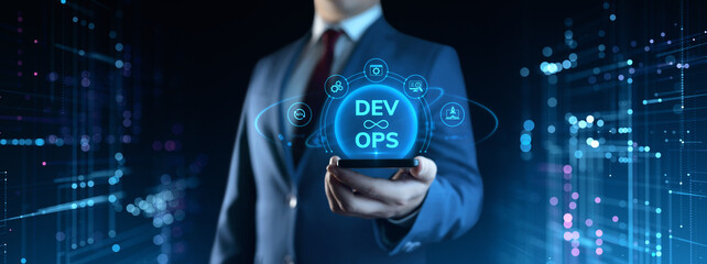Businessman holding smartphone with Dev Ops Development Operations icons on screen