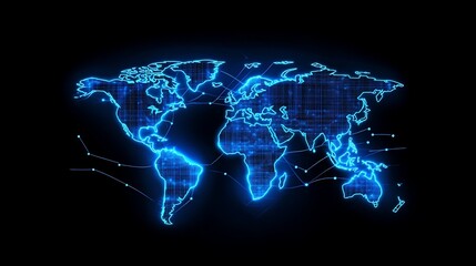 world map with glowing blue network connections on a black background illustration