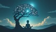 © Max Entropy - A serene and peaceful scene featuring a child in meditation under a unique tree with yoga pose branches, surrounded by Sanskrit mantras and glowing chakras.