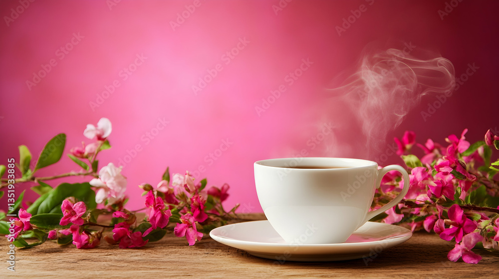 Steaming teacup, pink flowers, wooden table, pink background; perfect for greeting cards or blogs