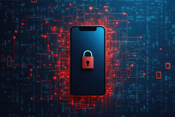 Secure encrypted communication via phone and lock surrounded by data streams digital environment flat design illustration