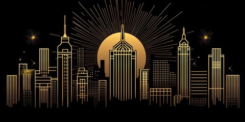 Wall Mural - Golden illustration of skyscrapers skyline at nighttime backdrop