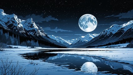 Wall Mural - a frozen lake reflecting the moon in black characters and objects on a white background