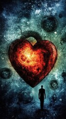 Wall Mural - A silhouette walks toward a heart of vibrant fiery energy