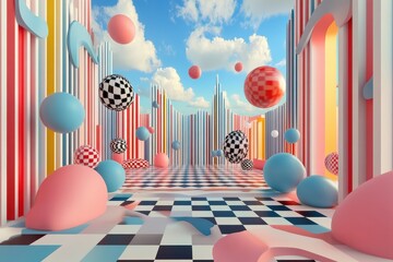 Wall Mural - a colorful whimsical artistic rendering with shapes spheres and striped walls