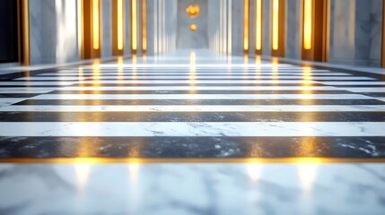 Wall Mural - a long hallway with a shiny marble floor and gold stripes