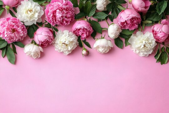 pink and white peonies and roses on pastel pink background with copy space for romantic floral desig