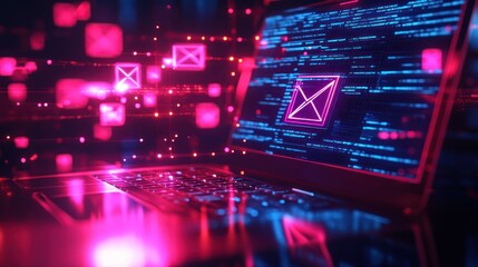 Cybersecurity Email Coding, Neon Laptop, Data Flow, Digital Messages