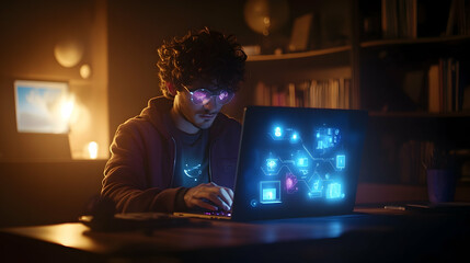 Young man coding late night, home office, glowing laptop, data network