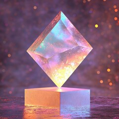 Wall Mural - a luminous geometric crystal rests on a square pedestal surface