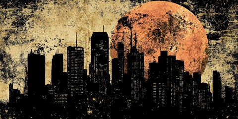 Wall Mural - Silhouette of city buildings beneath a large orange moon