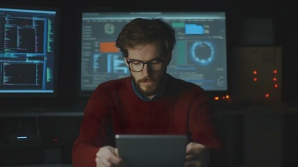 man in red sweater uses tablet at night, surrounded by computer screens displaying code and data.