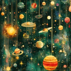 Wall Mural - An artistic depiction of stylized planets hanging in the cosmos