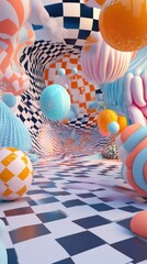 Wall Mural - a surreal colorful abstract scene with checkered backgrounds and spheres