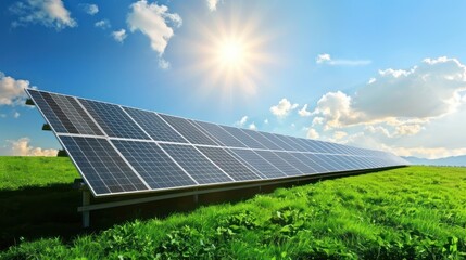 Solar panel array on a green field under a bright sky, ideal for adding text