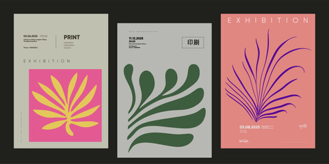 Wall Mural - modern abstract posters with stylized leaf graphics and geometric flow. ideal for creative projects,