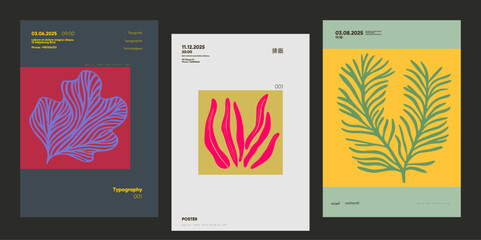 Wall Mural - minimalist poster collection blending bold leaf shapes with modern typography and flat design. great