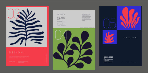 Wall Mural - aesthetic set of modern minimalist posters with abstract leaf compositions and vibrant colors. ideal