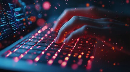 Hands typing code on glowing laptop keyboard at night.