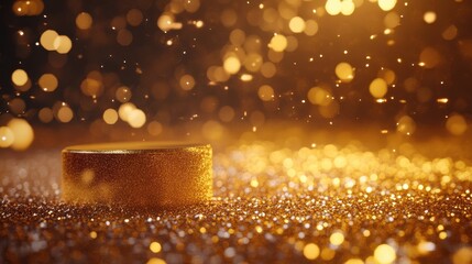 Canvas Print - A golden podium is displayed with shimmering bokeh and sparkles