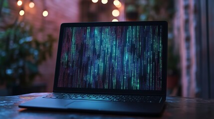 Sleek, minimalist depiction of a hacked laptop with glowing binary code in the background, symbolizing a cyber attack with a 'Password Breached' message