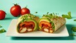 © sukarman - Close-up Two whole wheat burritos, filled with sliced chicken, avocado, shredded lettuce, and thin slices of red bell pepper, and microgreens