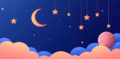 Wall Mural - A beautiful starry night scene with moon and hanging stars