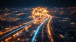 © afif - City at night, glowing sphere, futuristic highway.  Possible use Background for technology presentations, science fiction posters