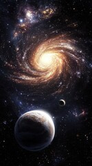Wall Mural - A vibrant spiral galaxy is above planets in outer space
