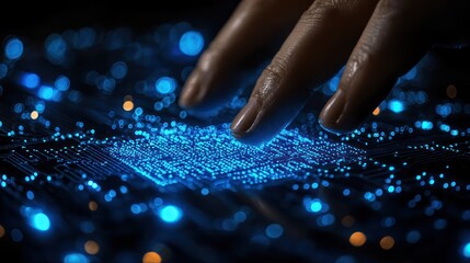 Wall Mural - close-up of hand touching illuminated circuit board