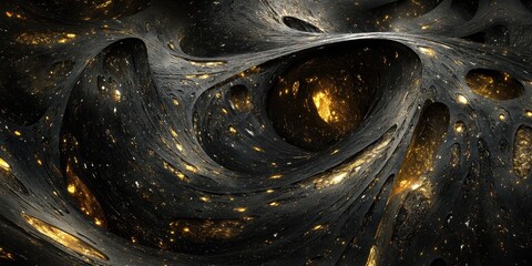 Wall Mural - An abstract dark swirling pattern with many bright golden dots