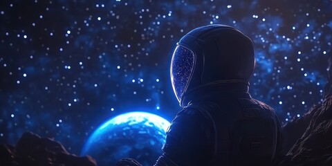 Wall Mural - an astronaut observing a distant blue planet within a star field