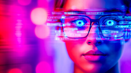 Woman with glasses reading futuristic captcha code in augmented reality