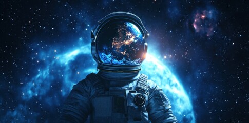 Wall Mural - an astronaut observes the planet earth reflected in their helmet visor