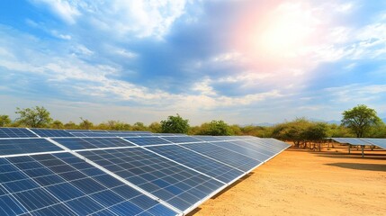 Solar panels in sunny landscape