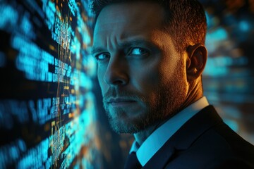 Fototapete - A man in a suit, illuminated by blue light, stands before a wall of code, appearing serious and intense.