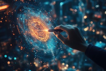 Aufkleber - A hand interacts with a glowing digital sphere, representing data visualization and technological innovation.
