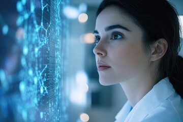 Fototapete - A young scientist intently studies complex data visualized on a futuristic interactive screen.