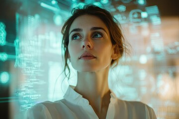 Poster - A young woman thoughtfully gazes at a futuristic, teal-lit digital interface, contemplating complex data.
