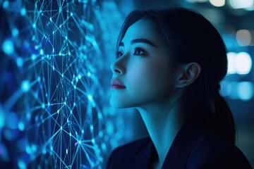 Poster - A young woman gazes intently at a vibrant blue network visualization, contemplating the interconnectedness of data.
