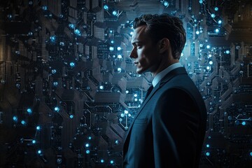 Leinwandbilder - A businessman stands before a glowing circuit board, symbolizing technology and innovation in the modern business world.