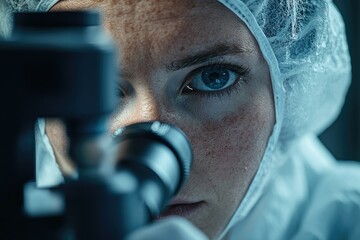 Poster - Close-up of a scientist's focused gaze through a microscope, engrossed in research.