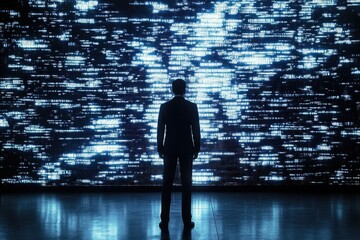 Fototapete - A businessman stands before a large screen displaying a flowing stream of digital code, symbolizing the vastness of data and technology.