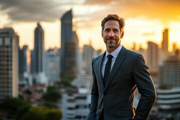 Poster - Confident businessman standing in cityscape at sunset, successful and ambitious.