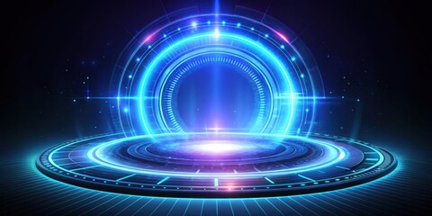 futuristic interface with glowing holographic hud circle shining spotlight in dark space , digital d