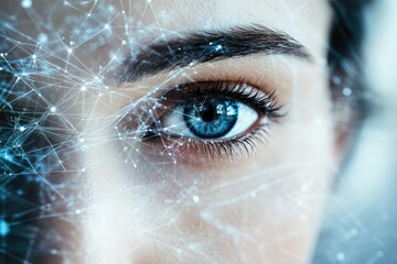 Poster - A close-up of a woman's eye overlaid with a network of interconnected nodes, representing digital connectivity and the fusion of human and technology.