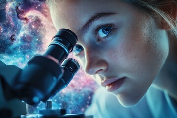 Aufkleber - Young scientist intently peering through a microscope, cosmic nebula backdrop symbolizes exploration and discovery.